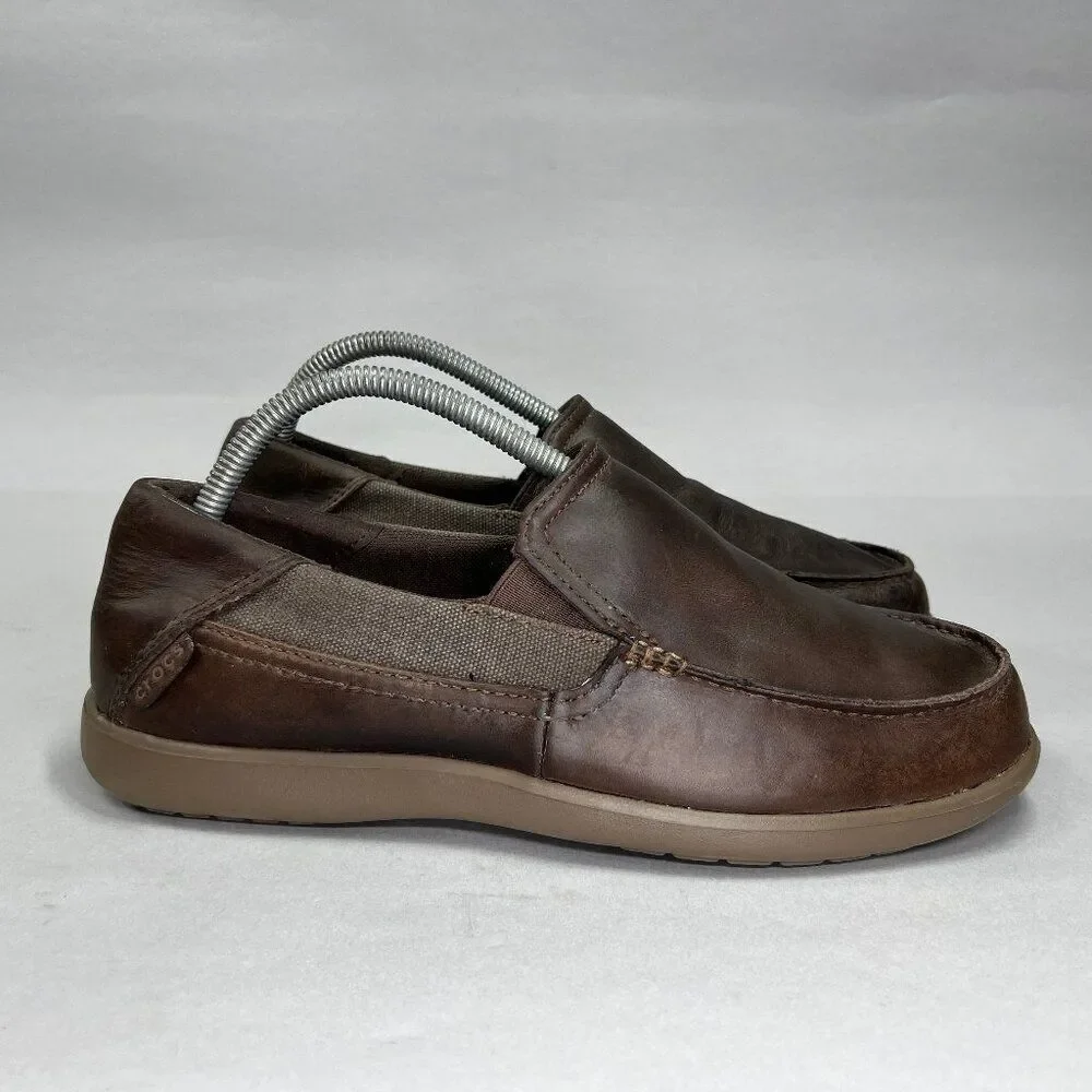 Crocs Santa Cruz‎ 2 Luxe Shoes Men's Size 8 Brown Leather Slip On Loafers